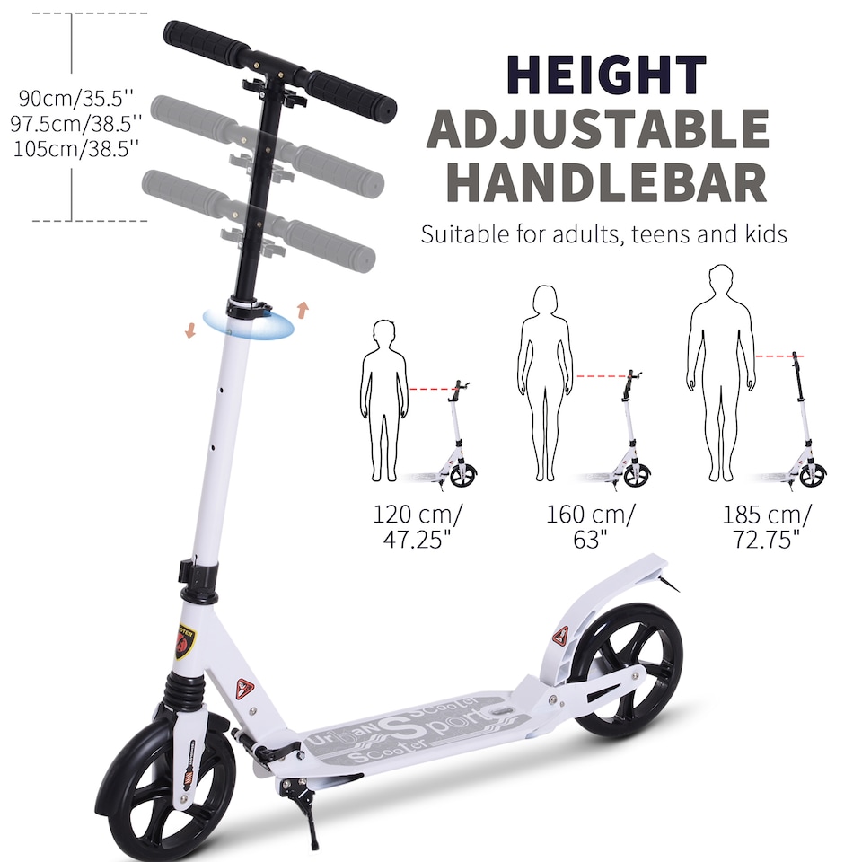 image 1 of HOMCOM Folding Kick Scooter, Adjustable Ride On Scooter with 200mm Big Wheels and Double Shock Absorption, Urban Scooter for 14 older Teens Adult, White