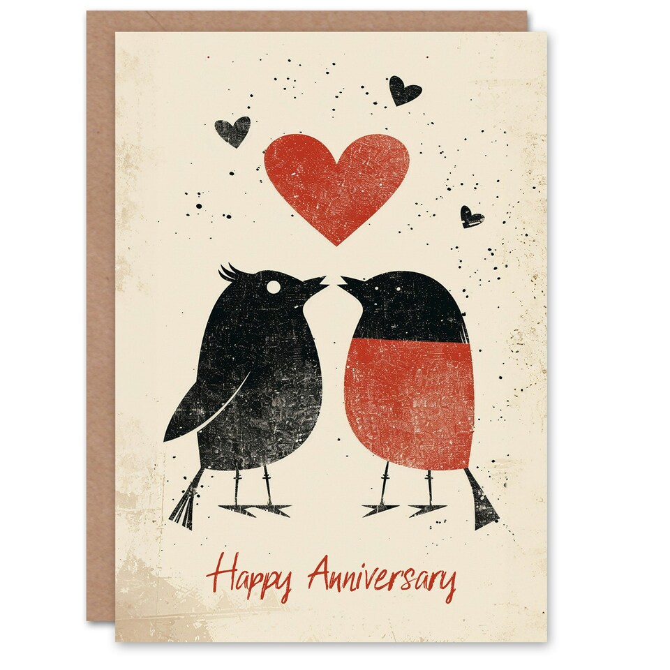 image 1 of Simple Red Robin Birds Couple Love Heart Partner Anniversary Card
