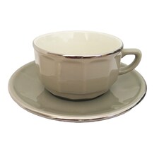 Tea Cup and Saucer: 1 x 150ml Apilco Bistro Tea Cup and Saucer, Taupe with Platinum Band