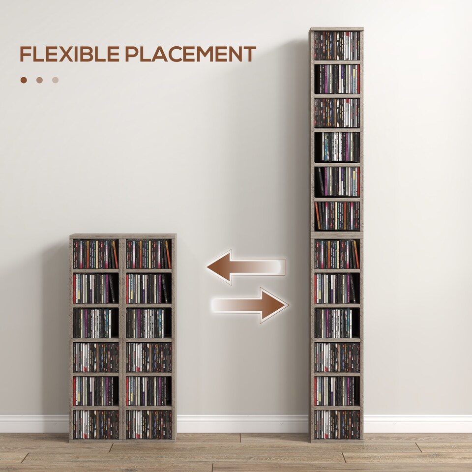 image 1 of HOMCOM 204 CD Media Display Shelf Unit Set of 2 Blu-Ray Tower Rack w  Adjustable Shelves Bookcase Storage Organiser, Mocha Wood Effect