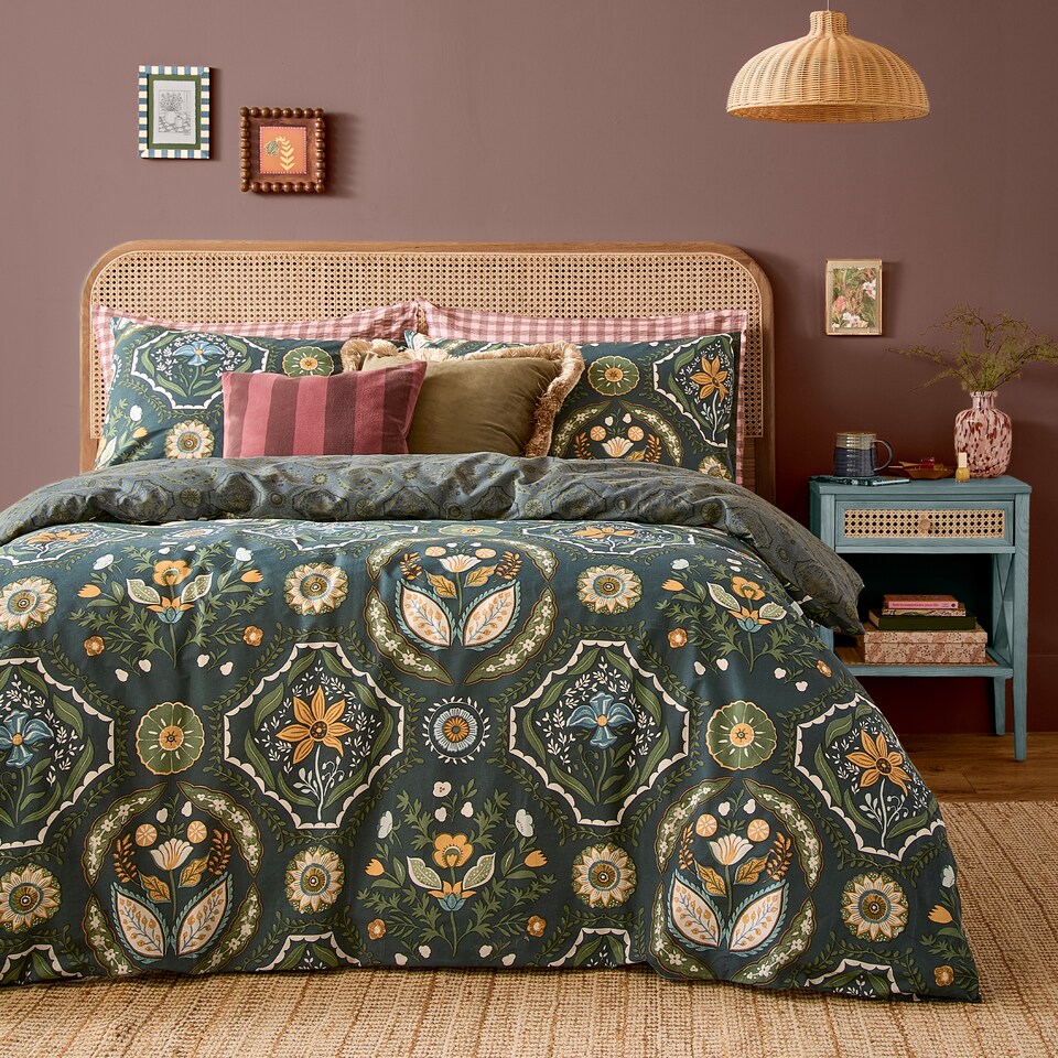 image 1 of Furn Ember Reversible Printed Duvet Cover Set, Midnight Green
