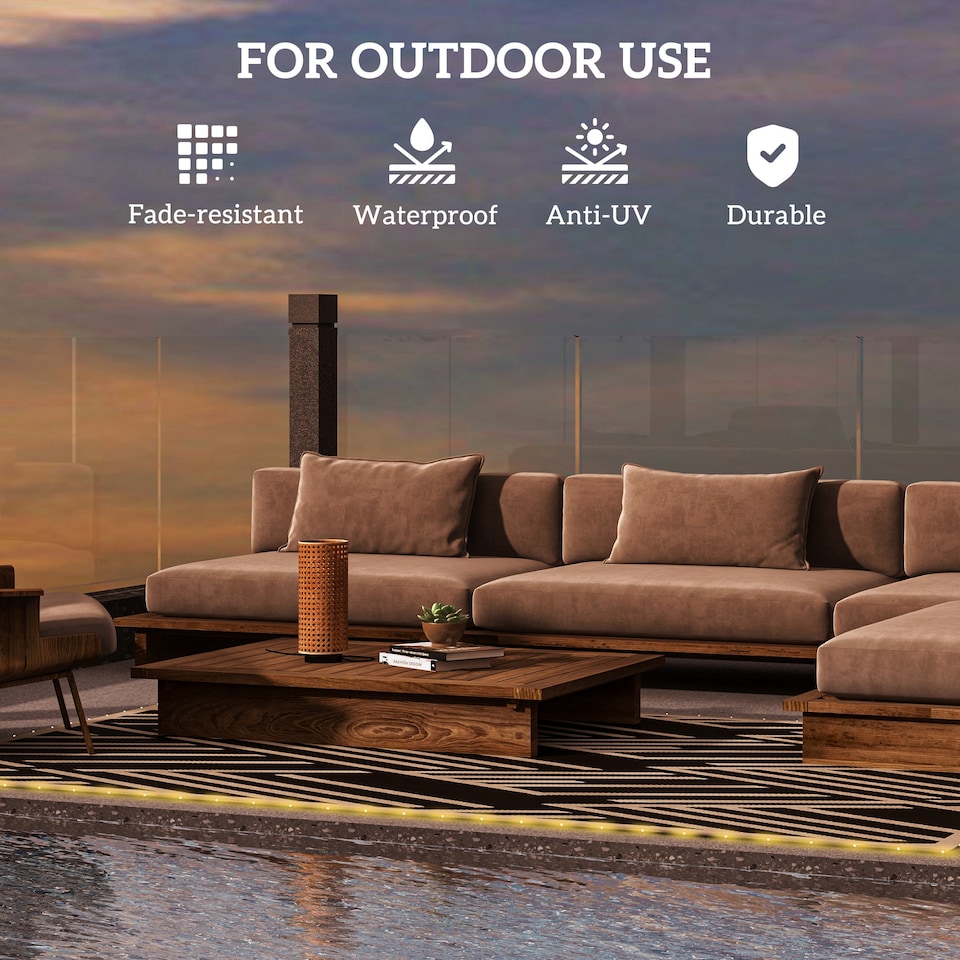 image 1 of Outsunny Waterproof Outdoor Rug W LED String Light, 182 x 274cm, Black & White | Black | Black and Coffee | 182 x 274 x 0.3cm