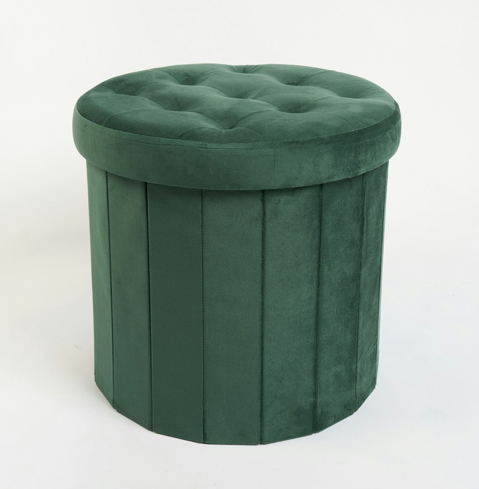 image 1 of OHS Matte Velvet Soft Round Foldable Footstool Seat Storage Organiser Ottoman | Green | Forest Green