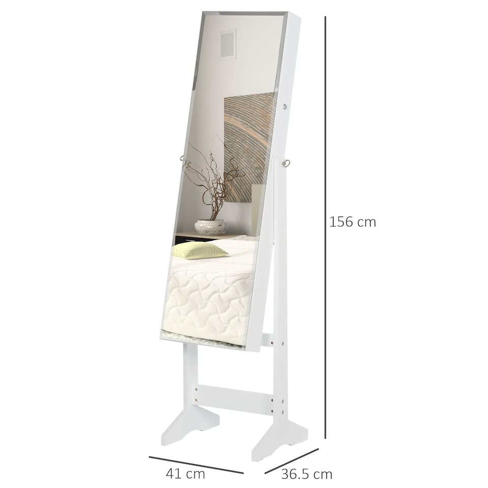 image 1 of HOMCOM Jewelry Cabinet Standing Mirror Full Length Makeup Lockable Armoire Storage Organizer White