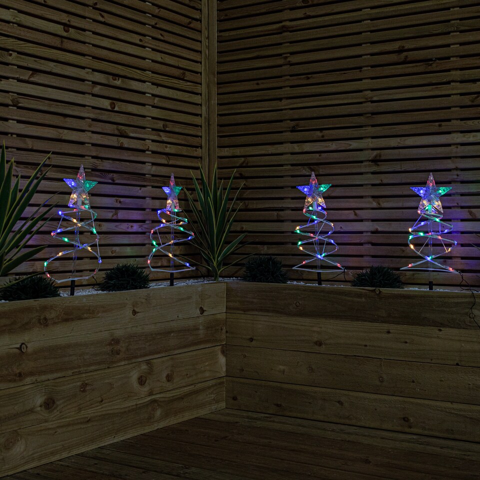 image 1 of 45cm Set of 4 Light up White Spiral Christmas Tree Garden Path Lights with 100 Multi-Coloured LEDs