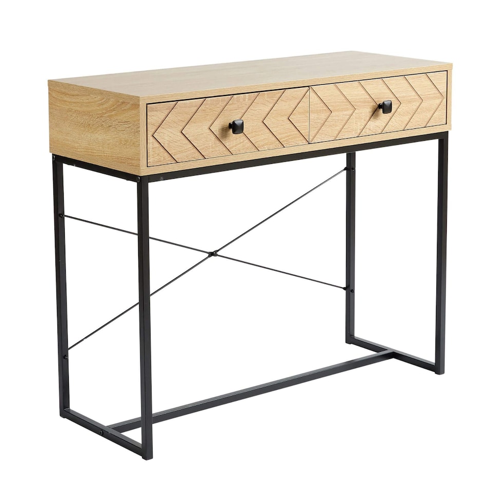 image 1 of Console Table 2 Drawers Aztec Design Oak Effect Metal Legs Hallway Storage Unit