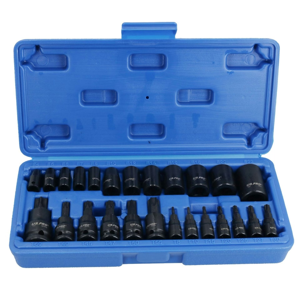 image 1 of 25pc Male + Female Impacted Impact Torx Star E Sockets T8 - T60 + E4 - E22