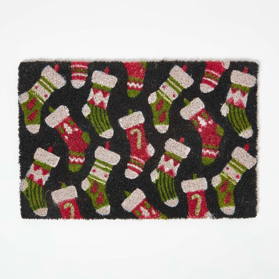 image 1 of Homescapes Christmas Stockings Non-Slip Coir Doormat, 40 x 60 cm