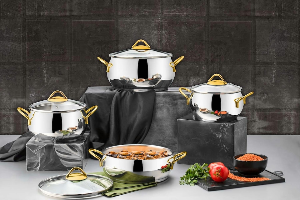 image 1 of Sevval Collection 8-piece Stainless Steel Cookware Set (Gold Handles)