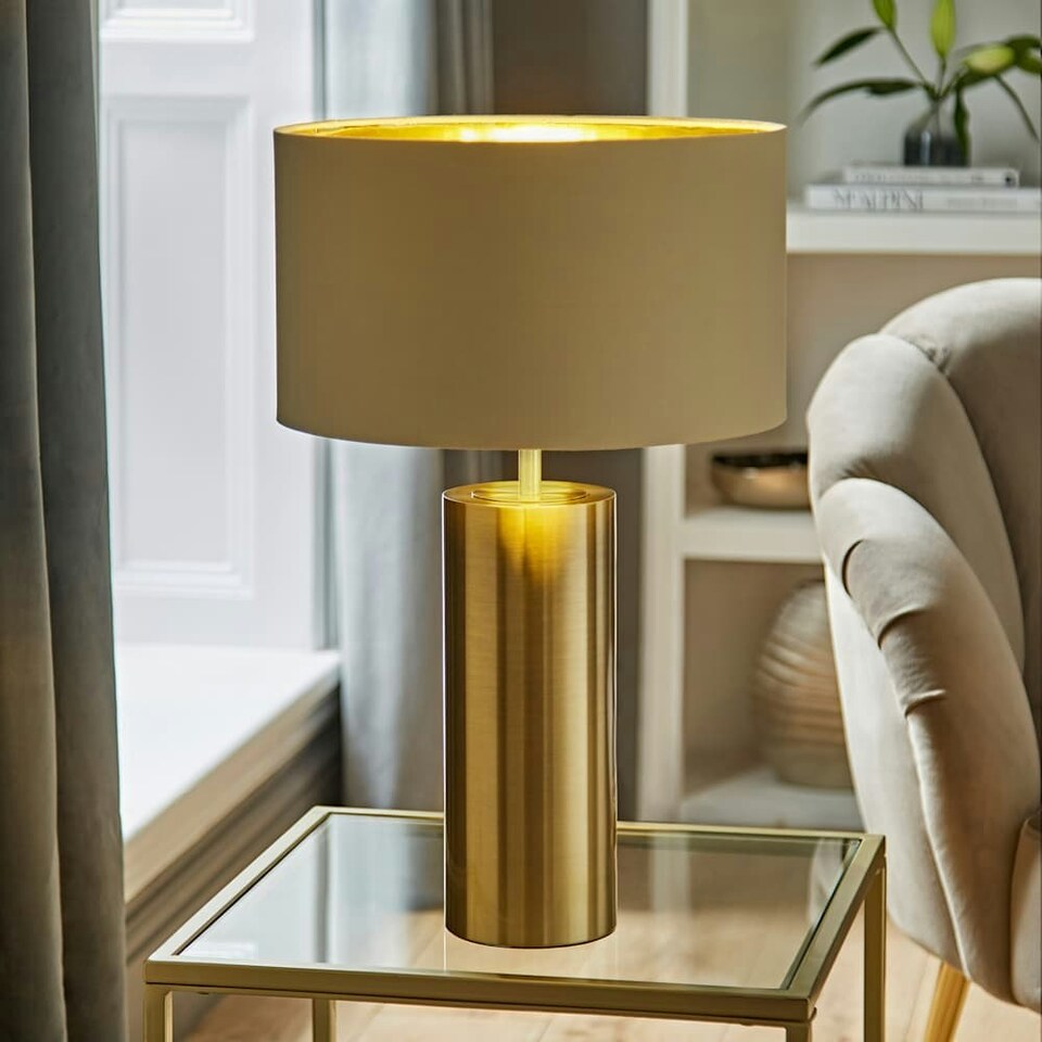 image 1 of ValueLights Lexy Beige & Metallic Gold Shade with Gold Dimmable Touch Table Lamp & LED Bulb Cream
