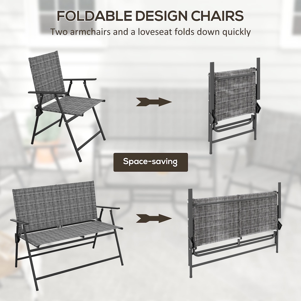 image 1 of Outsunny Outdoor 4 Pieces Patio Furniture Set with Breathable Mesh Fabric Seat & Backrest, Garden Set with Two Foldable Armchairs, a Loveseat & Glass Top Table, Mixed Grey