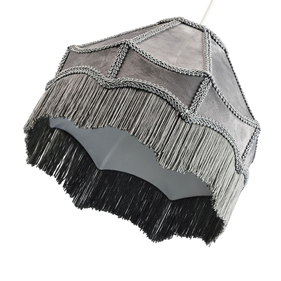 image 1 of Traditional Victorian Empire Lampshade in Soft Dove Grey Velvet with Tassels | Grey | Grey | 1