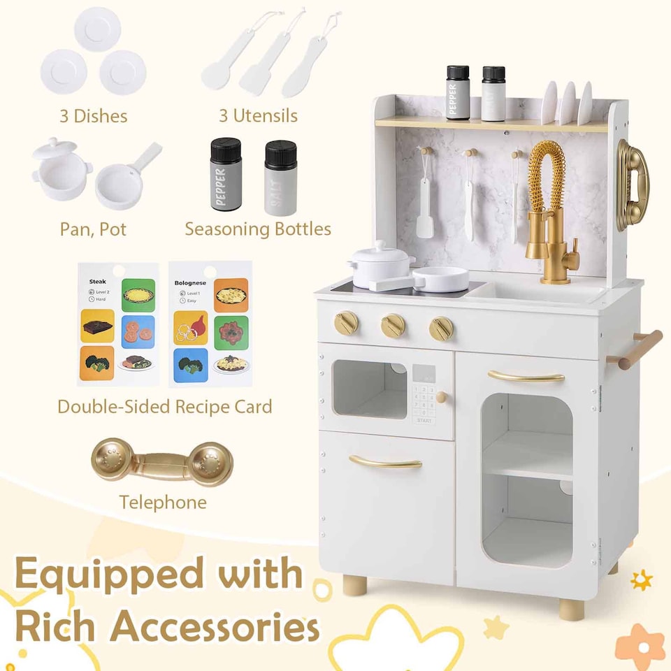 image 1 of COSTWAY Kids Kitchen Set Wooden Pretend Play Kitchen with Stoves & Sink-White