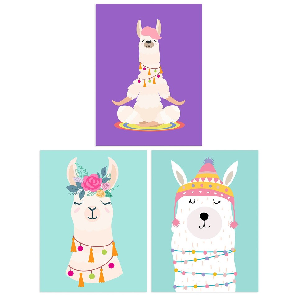 image 1 of Set of 3 Kids Bedroom Happy Llama Yoga Meditation Bright Purple Pastel Blue Wall Art Prints 12x16 Inch