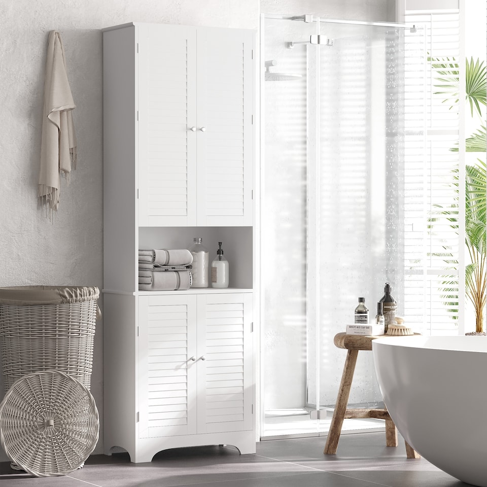 image 1 of HOMCOM Tall Freestanding Bathroom Cabinet Retro Shutters w  3 Compartments Shelves Elevated Base Narrow Organiser White 60L x 30W x 182.5H cm | White | White