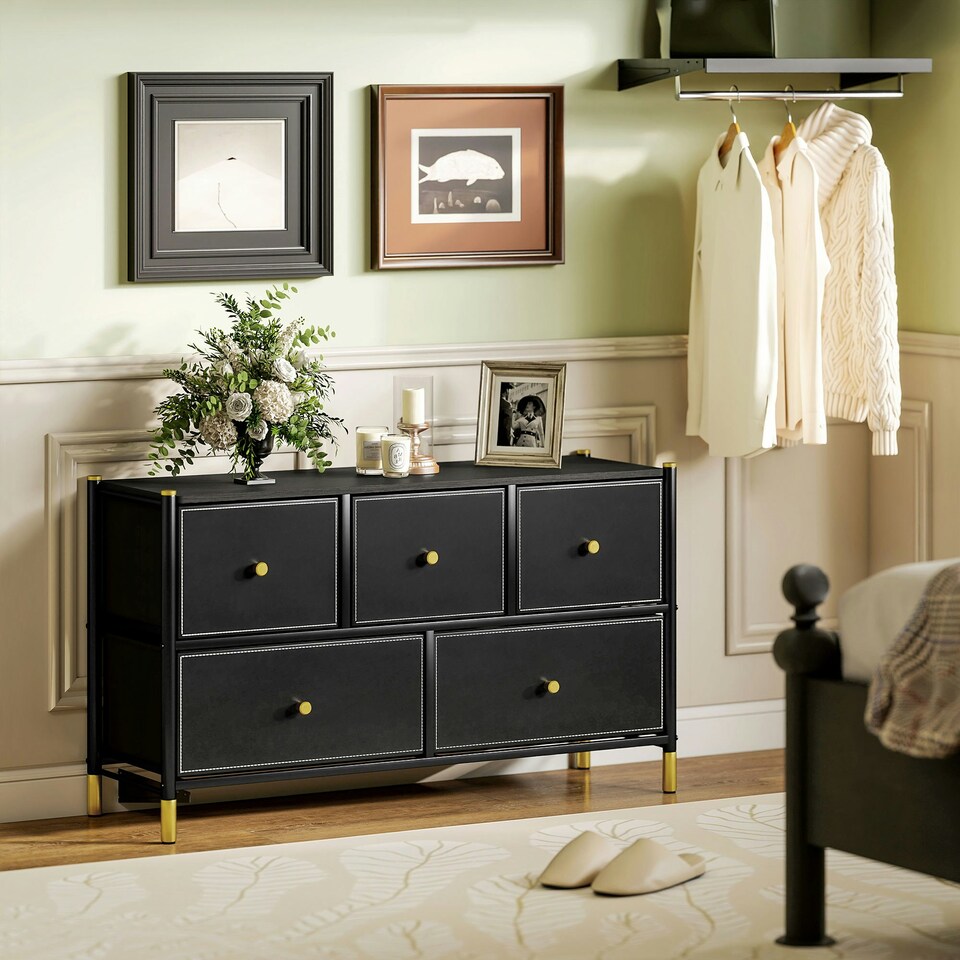 image 1 of HOMCOM Fabric Chest of Drawers with PU Leather Surface, for Bedroom