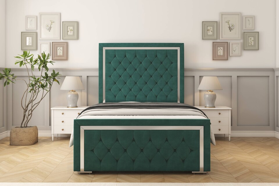 image 1 of Sloomy Sofia Chrome Emerald Plush Bed Frame With Mattress With 50" Upholstered Headboard 2'6 Small Single