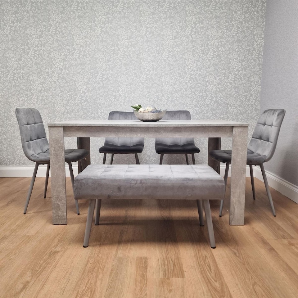 image 1 of Dining Table and 4 Chairs With Bench Stone Grey Effect Wood Table - Dining Room