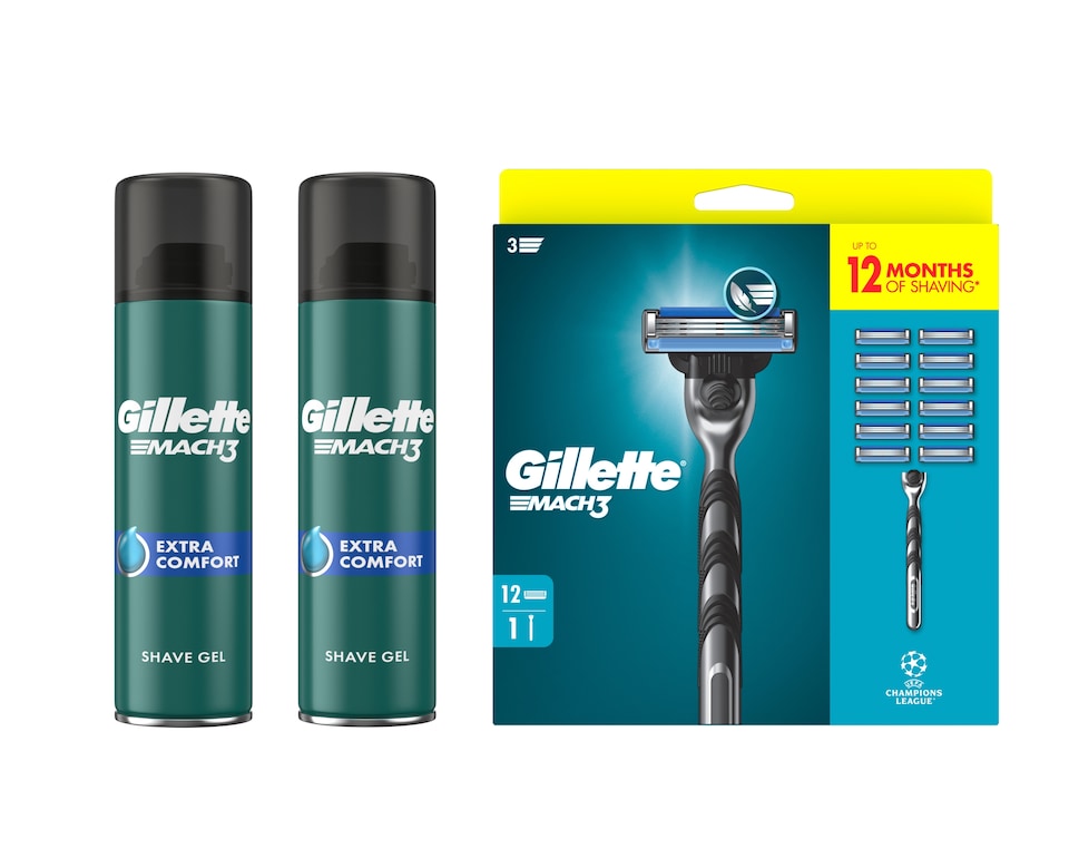 Gillette Mach 3 Razor Handle, 12 Blades, 2 Preps Bundle