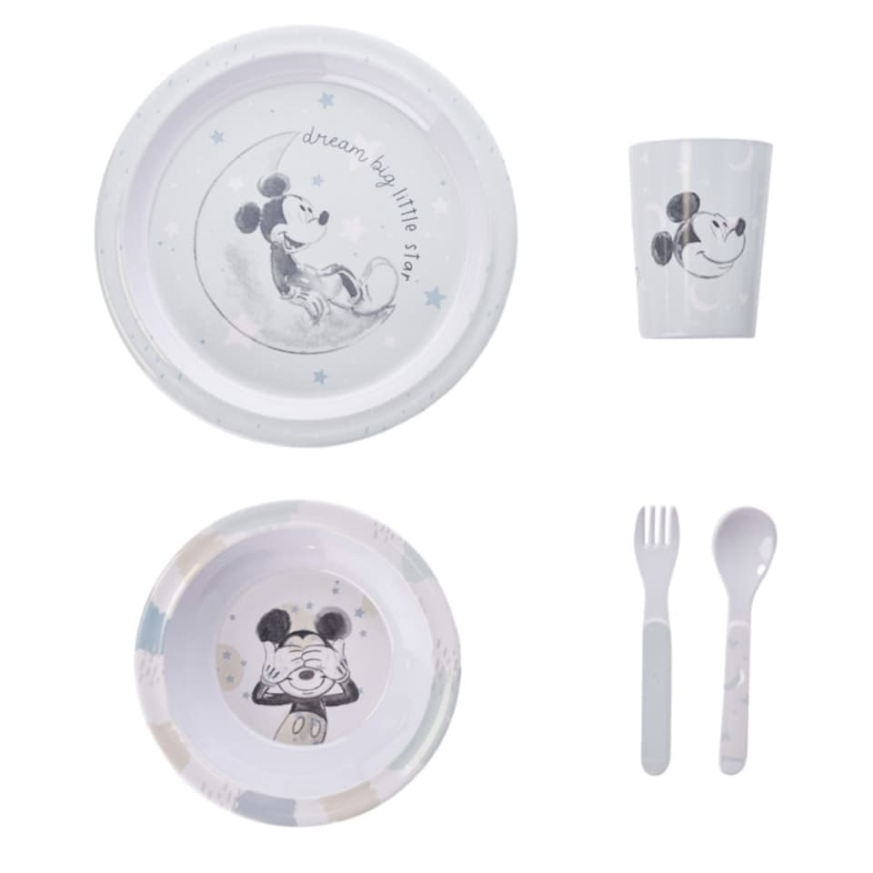 image 1 of Disney Mickey Baby 5 Piece Melamine Feeding Set Cup Bowl Plate Cutlery Blue