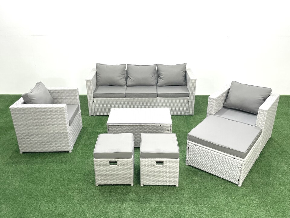 image 1 of Fimous Rattan Garden Outdoor Furniture Sofa Set with Rectangular Coffee Table 2 Chairs 3 Footstools Light Grey Mixed