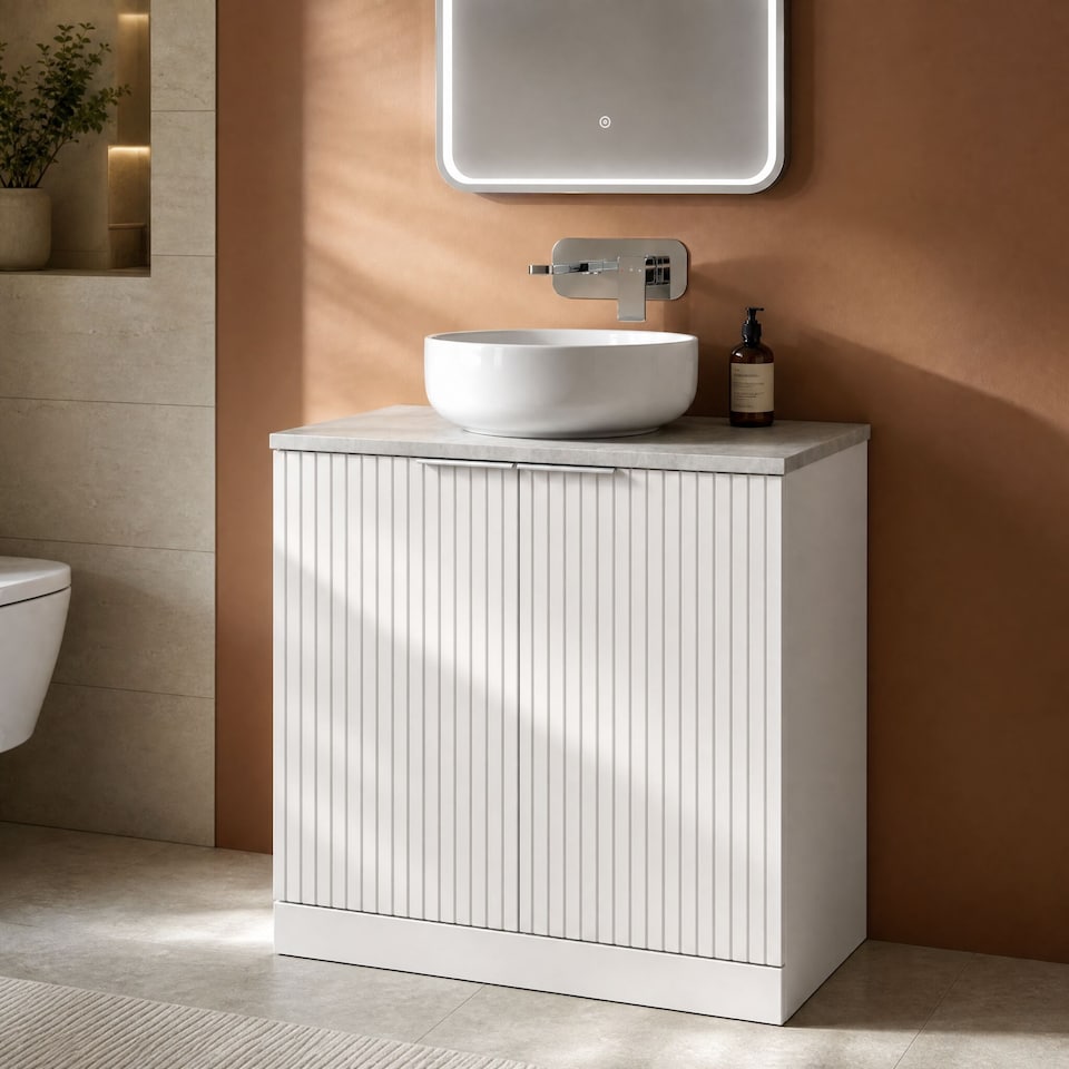 image 1 of Balterley Callingwood Contemporary Floor Standing 2 Door Vanity Unit with Bellato Grey Laminate Worktop , 800mm, Matt White