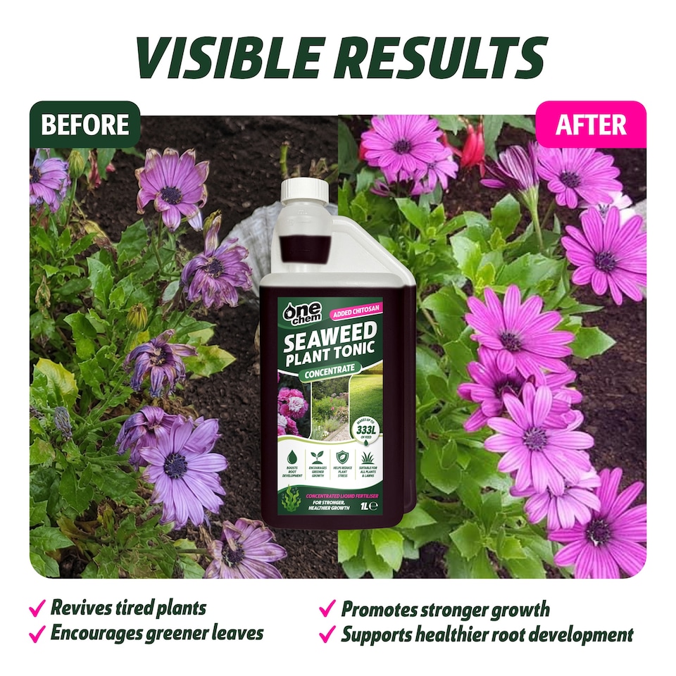image 1 of One Chem Seaweed Plant Tonic Concentrate 1L- with Chitosan - Makes up to 333L - Boosts Root Development - Reduces Plant Stress - Flowers - Veg & Lawns - Liquid Fertiliser