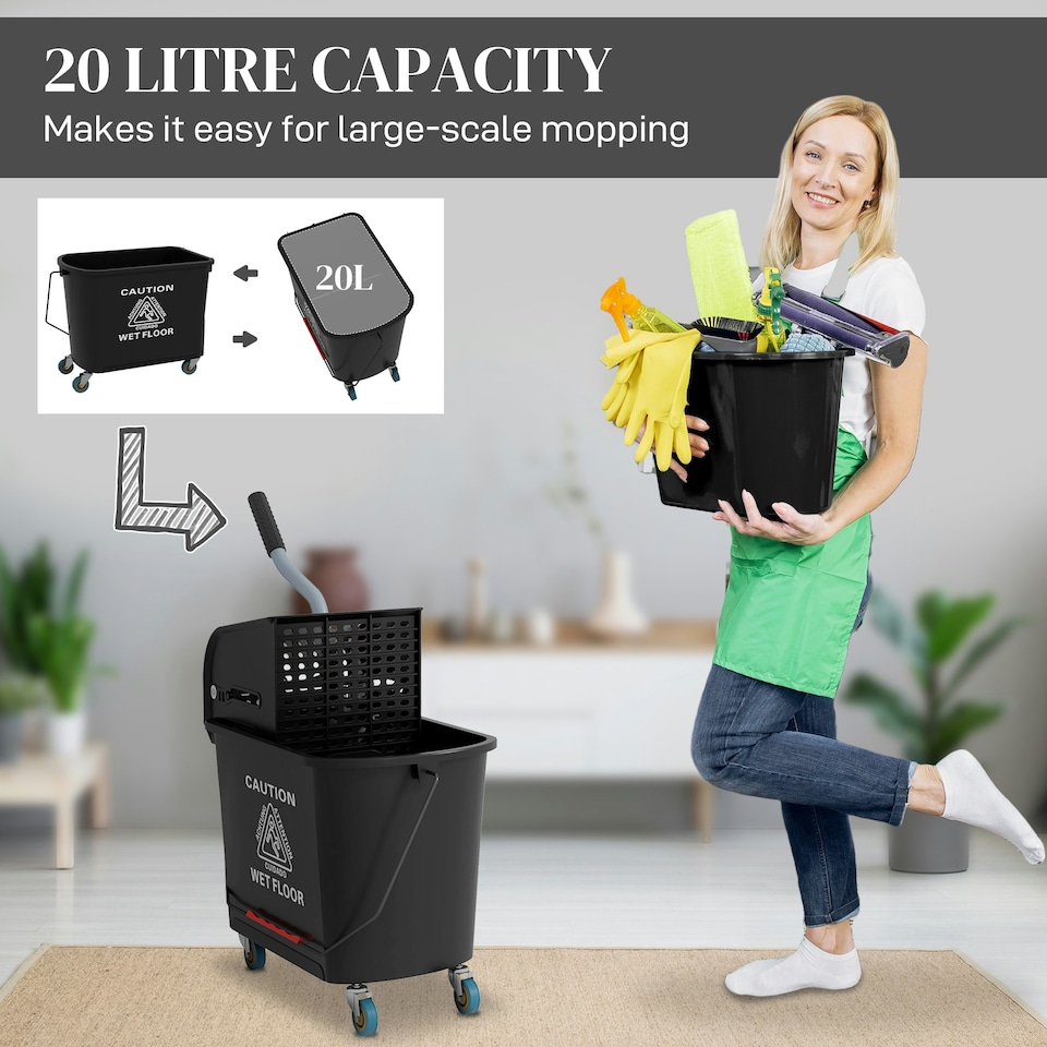 image 1 of HOMCOM 20L Compact Mop Bucket with Wringer on Wheels Black