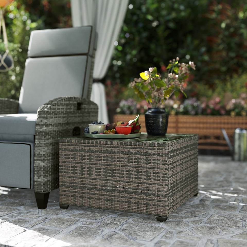 image 1 of Outsunny Outdoor Coffee Table with Glass Top, Rattan Side Table, Light Grey
