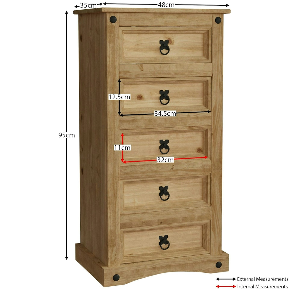image 1 of Vida Designs Corona 5 Drawer Narrow Chest of Drawers Bedroom Storage, Solid Pine Wood