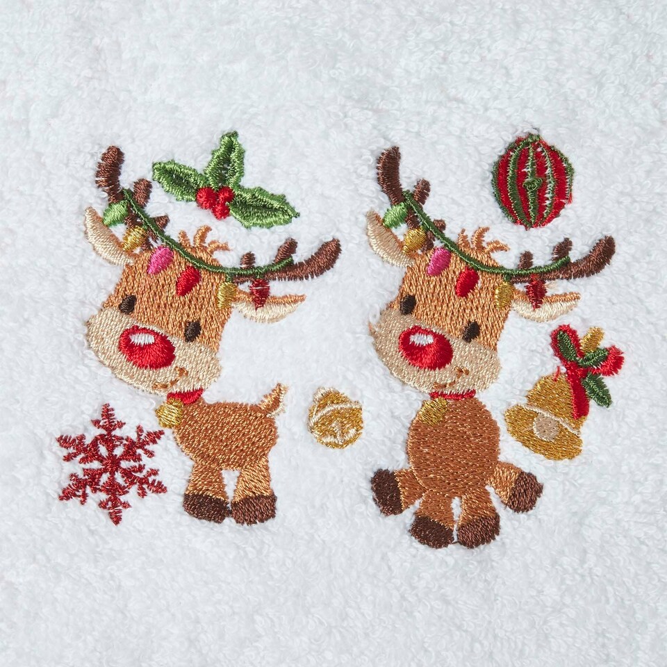 image 1 of Homescapes Reindeer Embroidered 100% Cotton Christmas Hand Towel