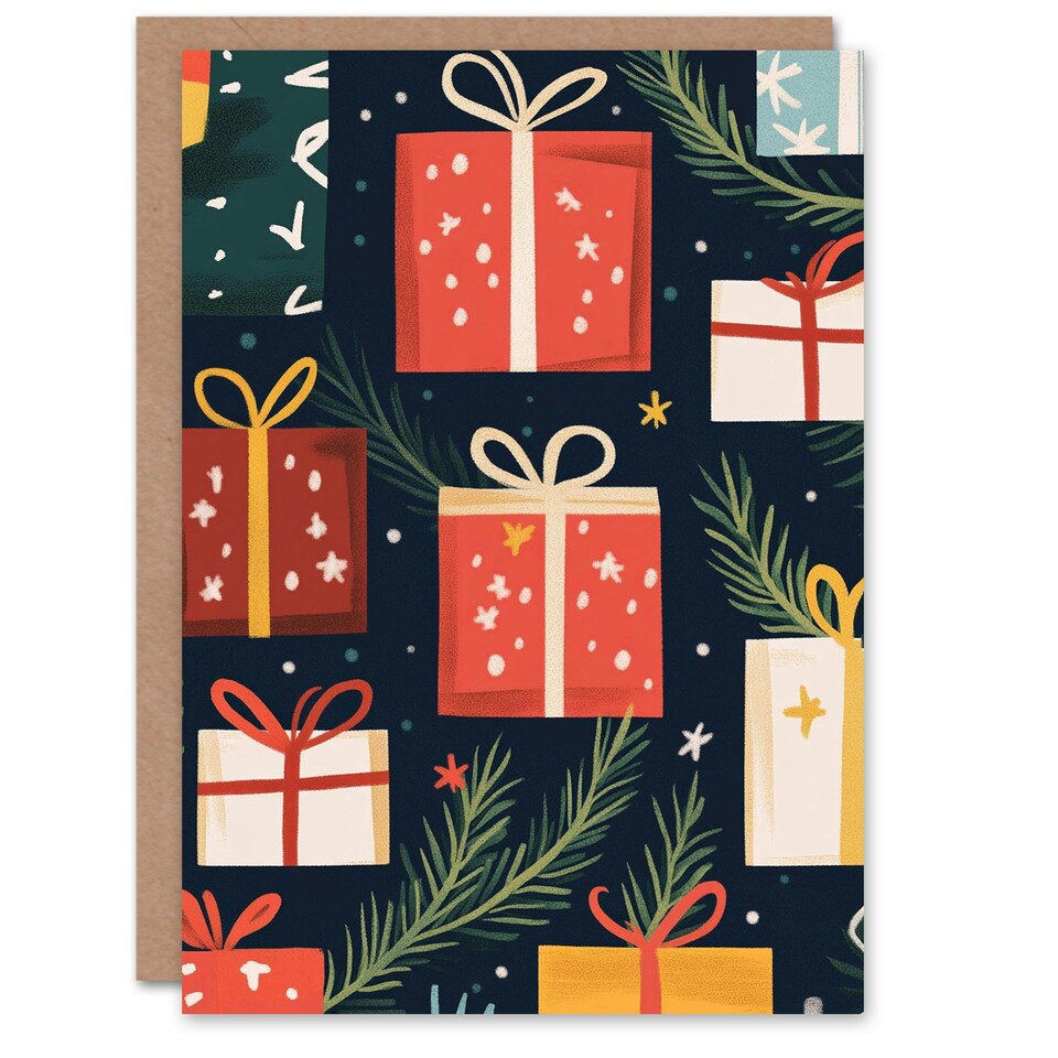 image 1 of Wrapped Gifts Present Pine Leaf Fun Xmas Art Blank Christmas Card