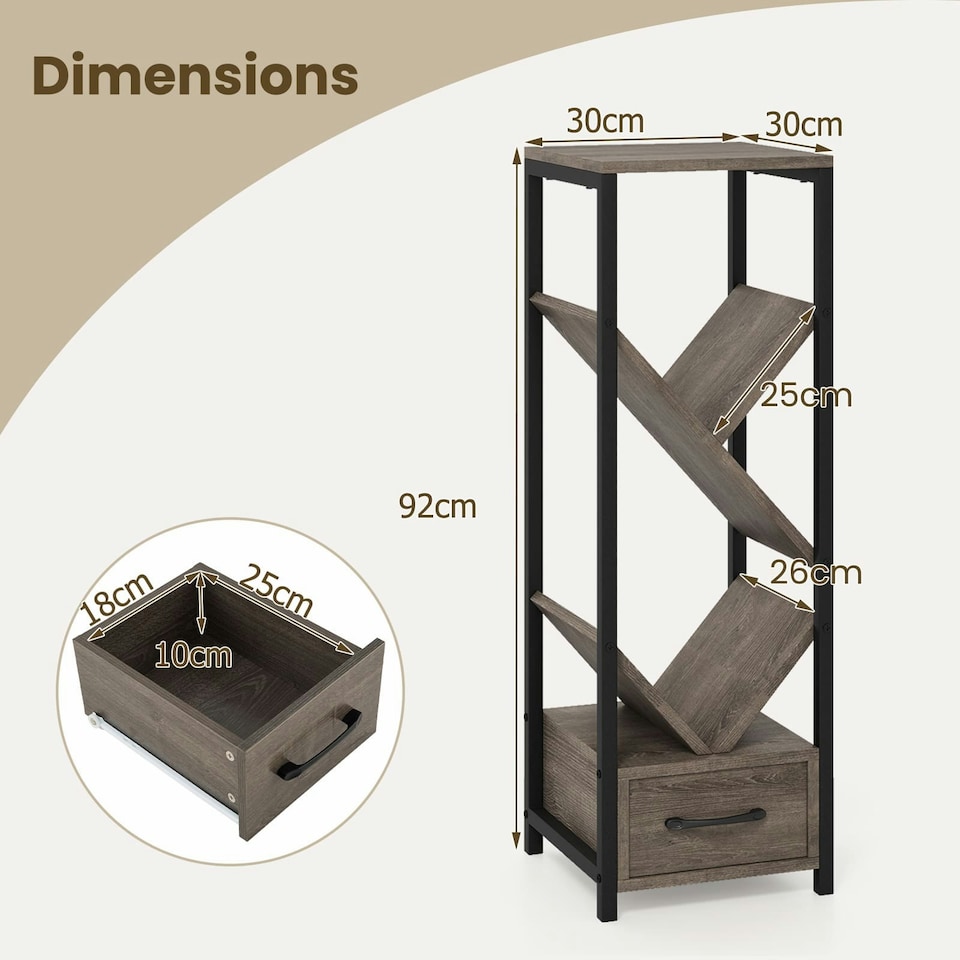 image 1 of COSTWAY 2 Pcs Tree Bookshelf 4 Tier Storage Bookcase with Drawer Grey