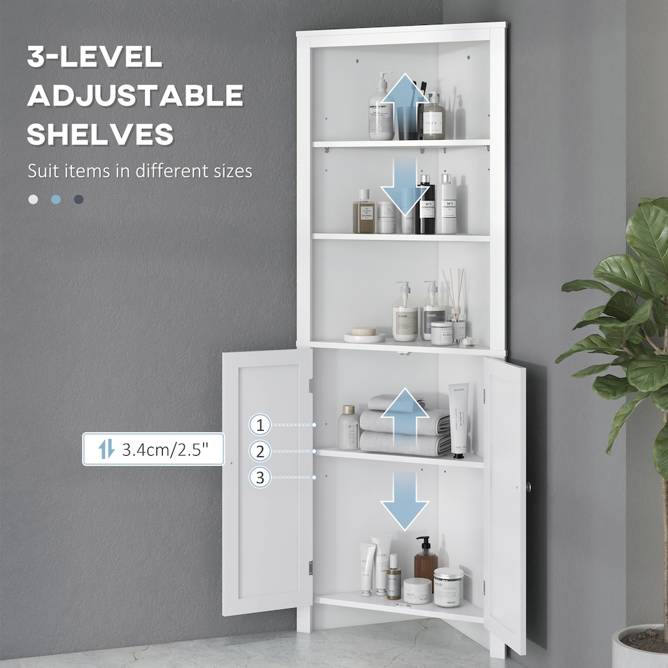 image 1 of kleankin Triangle Bathroom Cabinet, Corner Bathroom Storage Unit with Cupboard and 3-Tier Shelves, Free Standing, White