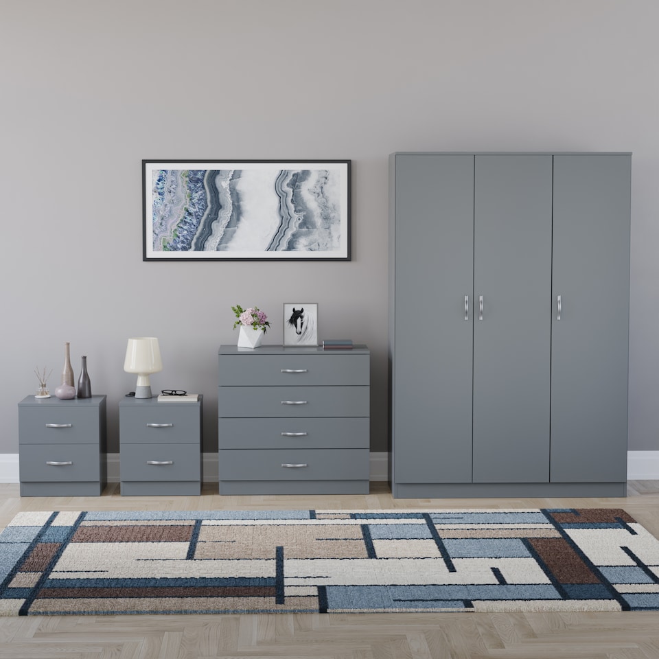 image 1 of Vida Designs Riano 4 Piece Bedroom Set (2 Drawer Bedside Chest, 4 Drawer Chest, 3 Door Wardrobe), Grey (6)