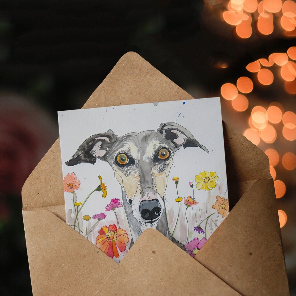 image 1 of Greeting Card Cute Whippet in Wildflowers Dog Lover Watercolour