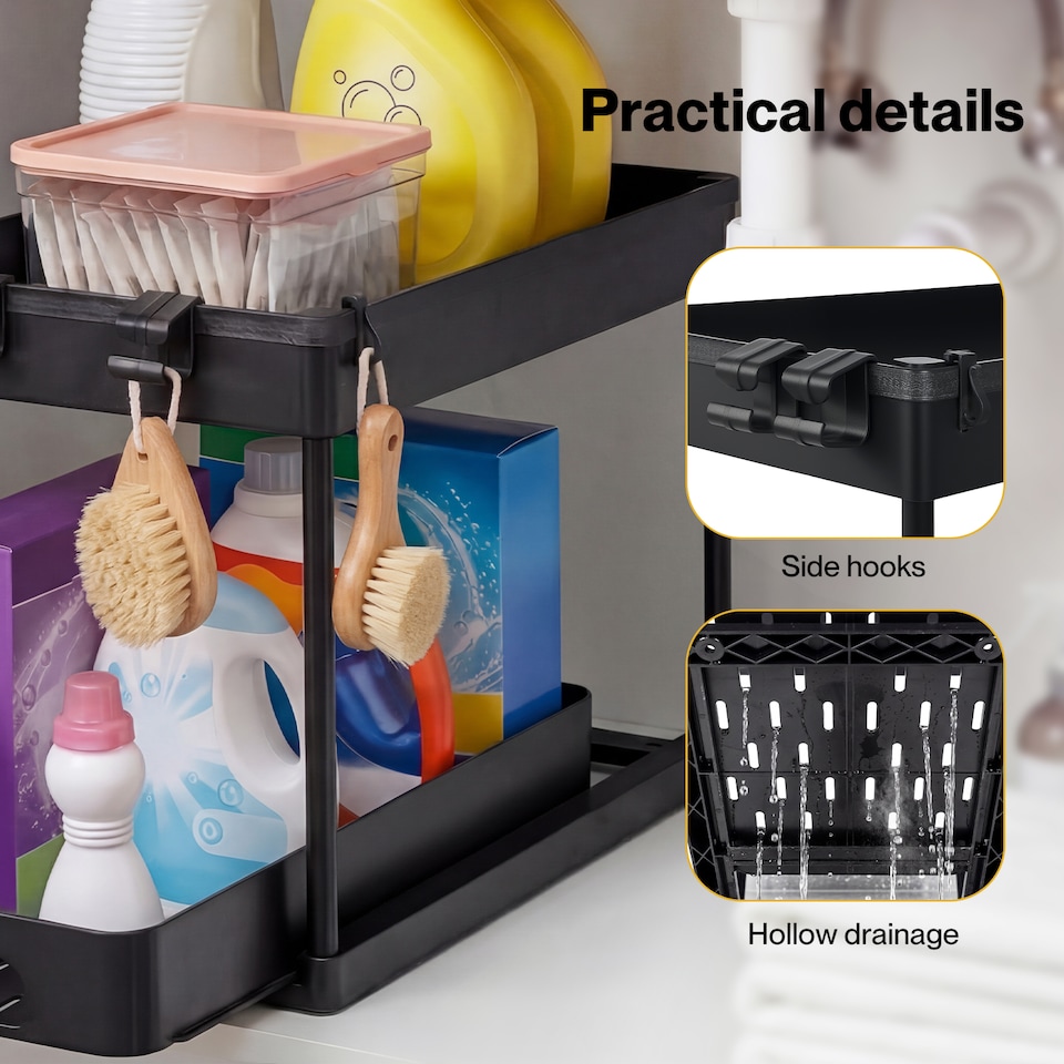 image 1 of Toque Under Sink Storage Kitchen Sliding Drawer Pull Out Organiser 2 Pack Black