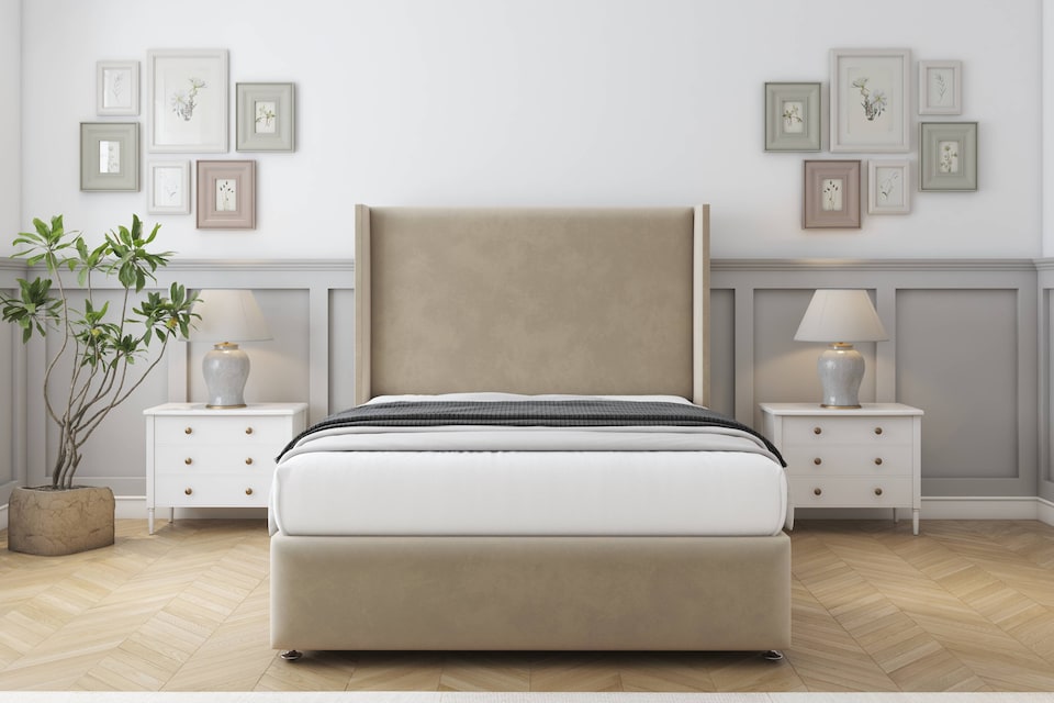 image 1 of Sloomy Stratford Almond Coniston Divan Bed Base 2 Drawers Foot-End With 54 Inch Wingback Headboard & 12 Inch Matching Footboard | Cream | Almond | Double | 1