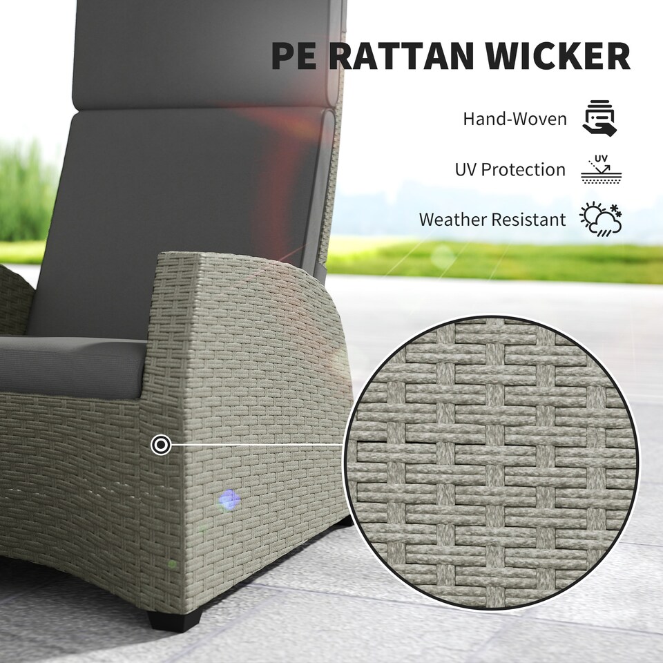 image 1 of Outsunny 5 Piece Rattan Garden Furniture Set, Garden Reclining Rattan Chairs Set of 2 with Wood-Plastic Composite Table, Footstools and Thick Cushions for Balcony, Patio, Charcoal Grey