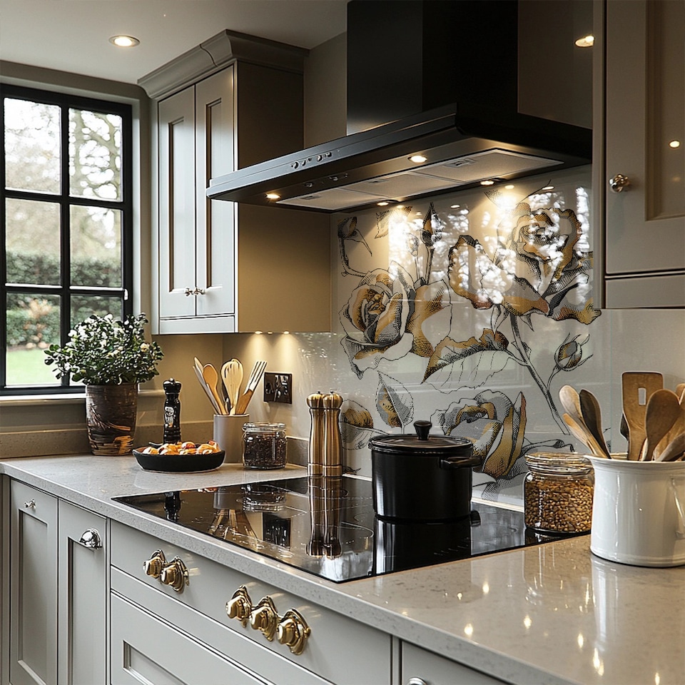 image 1 of Golden Roses Splash Back | White