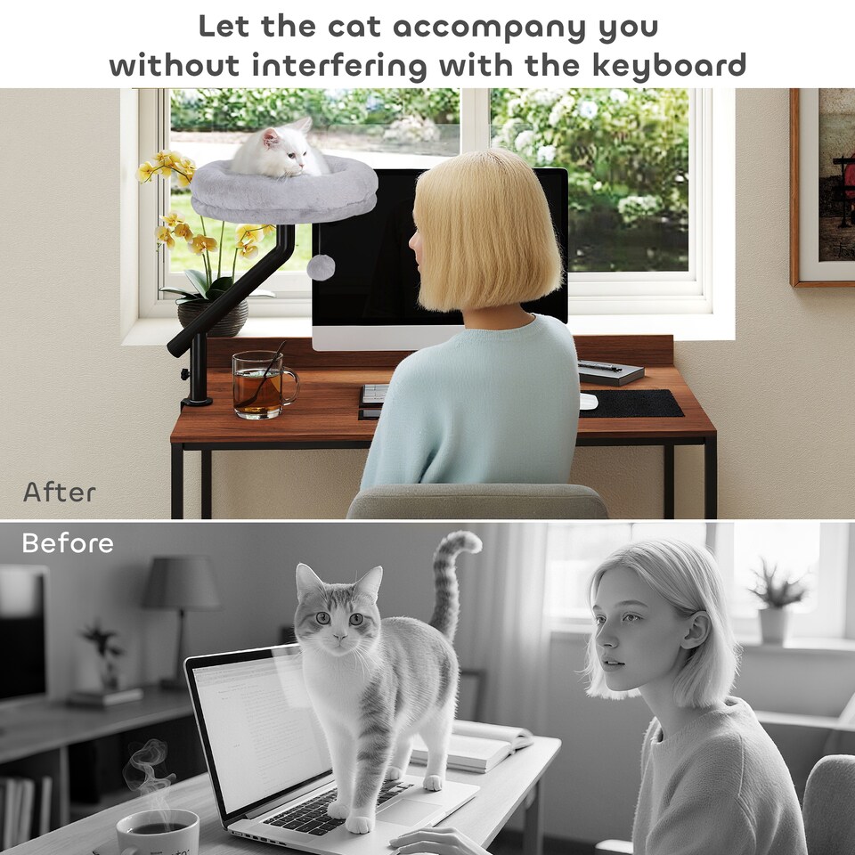 image 1 of PawHut Cat Bed for Desk, 360 degrees Rotatable Adjustable Elevated Cat Desk Bed, Comfortable Soft Plush Kitten Hammock Nest Cushion Machine-Washable
