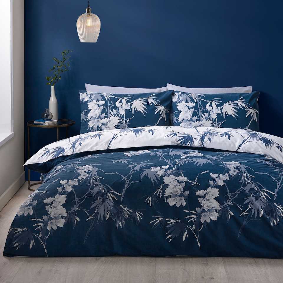 image 1 of Catherine Lansfield Kyoto Floral Reversible Duvet Cover Set | Blue | Super King