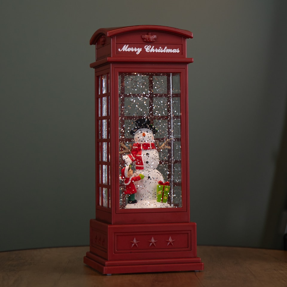 image 1 of 25cm Battery Operated Light up Christmas Phone Box Water Spinner with Snowman Scene & LEDs