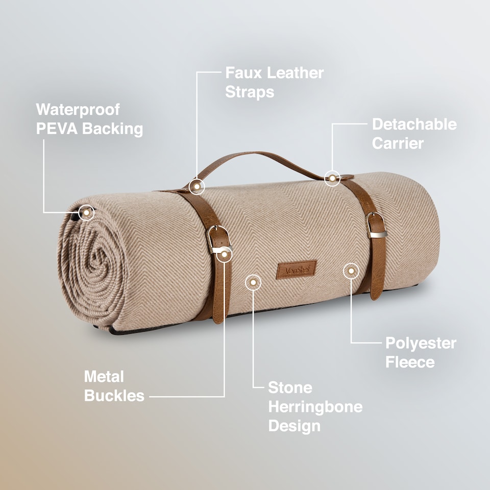 image 1 of VonShef Picnic Blanket Large Beige Herringbone