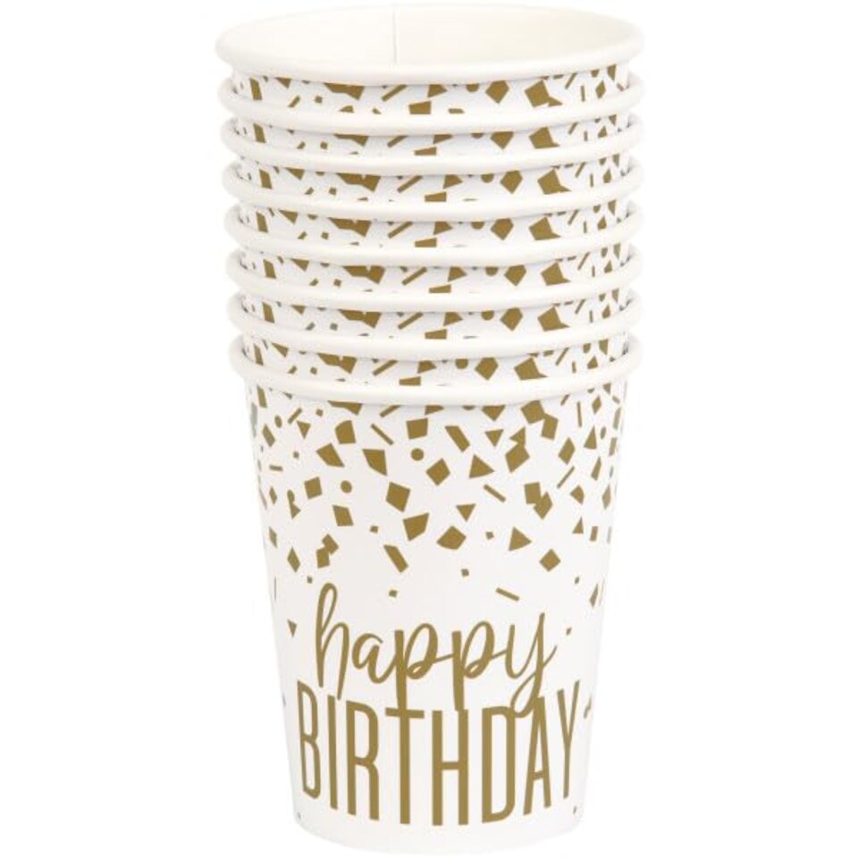 image 1 of Confetti Gold Birthday Paper Cups 270ml - Pack of 8