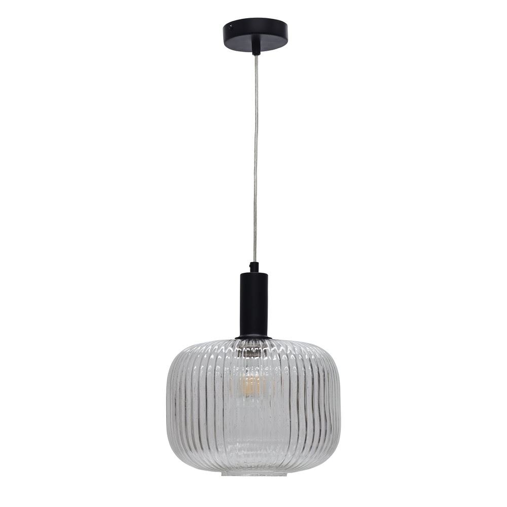 First Choice Lighting Batley Large - Clear Ribbed Glass Black Deco Pendant Fitting