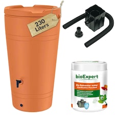 Water Butt Kit with Tap, Diverter & Bio Cleaner –  Rainwater Collector for Garden, Balcony & Terrace – Durable Plastic Water Storage Tank Brown | 230L
