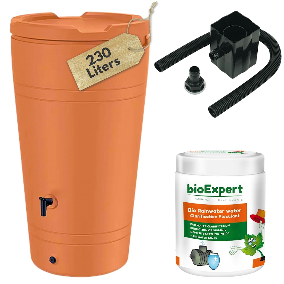 image 1 of Water Butt Kit with Tap, Diverter & Bio Cleaner –  Rainwater Collector for Garden, Balcony & Terrace – Durable Plastic Water Storage Tank Brown | 230L