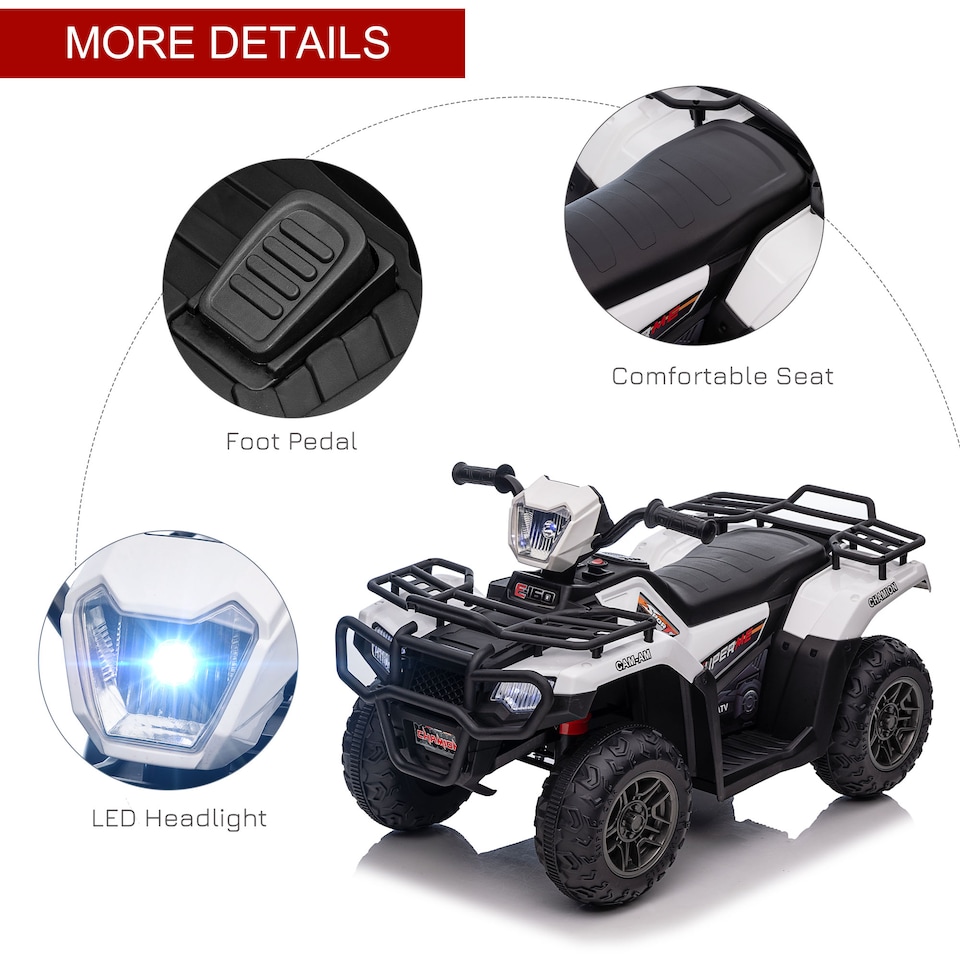 image 1 of HOMCOM 12V Electric Car for Kids, Battery Powered Quad Bike, Ride-On ATV Car with Forward, Reverse Functions, Music, LED Lights, for Ages 3-5 Years - White