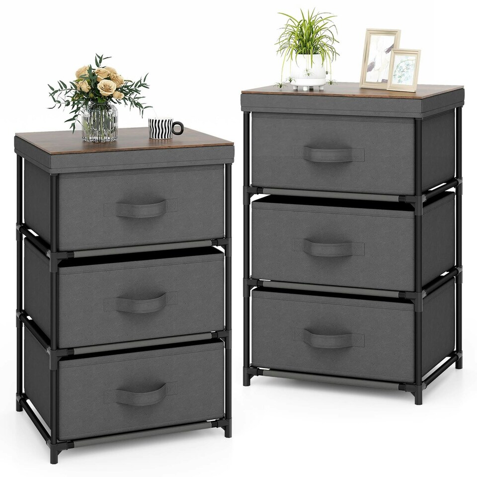 image 1 of COSTWAY Set of 2 3-Tier Fabric Dresser Fabric Nightstand Grey Grey